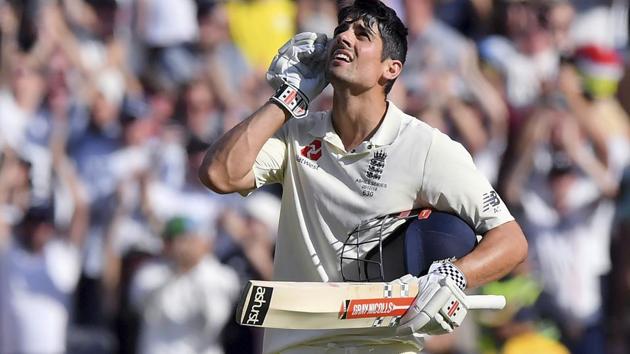 England's Alastair Cook celebrates his 32nd Test century on Day 2 of the fourth Ashes cricket Test match versus Australia in Melbourne on December 27, 2017.(AP)
