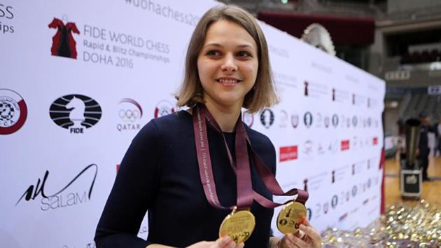 Ukraine's grandmaster Anna Muzychuk celebrates after winning two gold medals in the FIDE World Chess Rapid & Blitz Championships in Doha on December 30, 2016. (Getty Images) Ukraine's grandmaster Anna Muzychuk celebrates after winning two gold medals in the FIDE World Chess Rapid & Blitz Championships in Doha on December 30, 2016. (Getty Images)