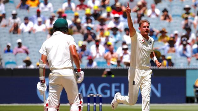 Stuart Broad’s four wickets helped England restrict Australia to 327 during the second day of the fourth Ashes cricket test match.(REUTERS)