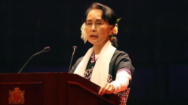 Myanmar's State Counselor Aung San Suu Kyi delivers her speech during a Karen New Year ceremony in Naypyidaw on December 18, 2017. (AFP) Myanmar's State Counselor Aung San Suu Kyi delivers her speech during a Karen New Year ceremony in Naypyidaw on December 18, 2017. (AFP)