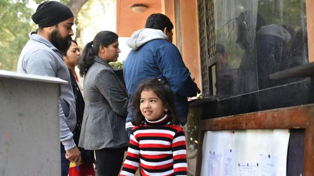 New Delhi, Indi Parents collecting admission forms at Air Force Bal Bharati School, Lodhi Road, on Wednesday, the first day of nursery admissions. (Arvind Yadav/HT PHOTO) New Delhi, Indi Parents collecting admission forms at Air Force Bal Bharati School, Lodhi Road, on Wednesday, the first day of nursery admissions. (Arvind Yadav/HT PHOTO)