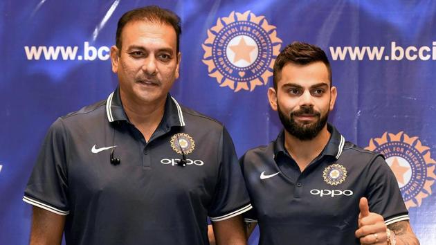 Indian cricket team captain Virat Kohli and coach Ravi Shastri address a pre-tour press conference in Mumbai on Wednesday.(PTI)