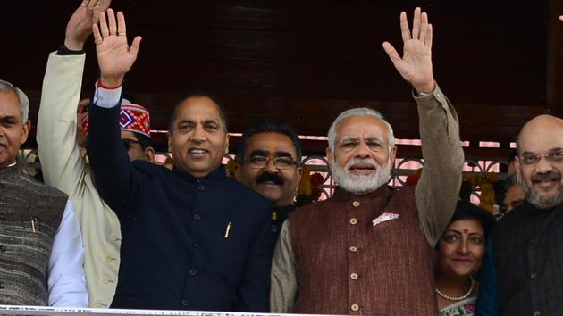 Prime Minister Narendra Modi with Himachal Pradesh chief minister Jai Ram Thakur after the oath taking ceremony at Ridge, Shimla on Wednesday, December 27 2017. (Deepak Sansta / Hindustan Times) Prime Minister Narendra Modi with Himachal Pradesh chief minister Jai Ram Thakur after the oath taking ceremony at Ridge, Shimla on Wednesday, December 27 2017. (Deepak Sansta / Hindustan Times)