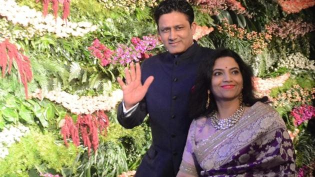 Former Test captain and Indian cricket team coach Anil Kumble with his wife Chethana Ramatheertha at the wedding reception of Virat Kohli and Anushka Sharma in Mumbai on December 26, 2017.(IANS)