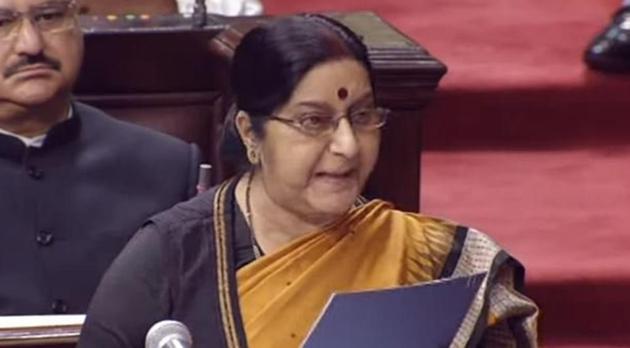External affairs minister Sushma Swaraj speaks in the Rajya Sabha during the winter session of Parliament. (ANI Photo) External affairs minister Sushma Swaraj speaks in the Rajya Sabha during the winter session of Parliament. (ANI Photo)