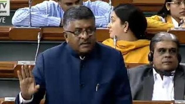 Union law minister Ravi Shankar Prasad in Lok Sabha on Thursday. (Lok Sabha TV) Union law minister Ravi Shankar Prasad in Lok Sabha on Thursday. (Lok Sabha TV)