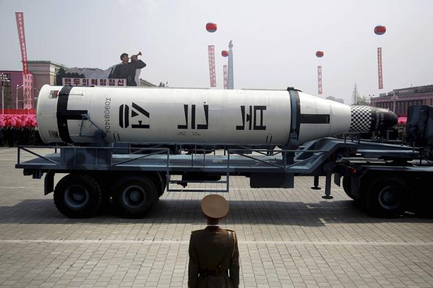 A submarine missile is paraded across the Kim Il Sung Square during a military parade in Pyongyang on April 15, 2017. (AP) A submarine missile is paraded across the Kim Il Sung Square during a military parade in Pyongyang on April 15, 2017. (AP)