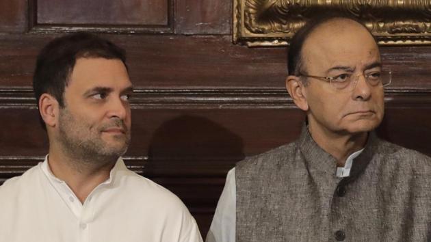 Finance minister Arun Jaitley (right) and Congress president Rahul Gandhi at a function at the Parliament in New Delhi. (AP File Photo) Finance minister Arun Jaitley (right) and Congress president Rahul Gandhi at a function at the Parliament in New Delhi. (AP File Photo)