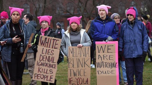 Protesters wear pink hats in Washington DC, during a women’s march on January 21, 2017. The knitted pink hat became a symbol and was replicated around the world. (AFP) Protesters wear pink hats in Washington DC, during a women’s march on January 21, 2017. The knitted pink hat became a symbol and was replicated around the world. (AFP)