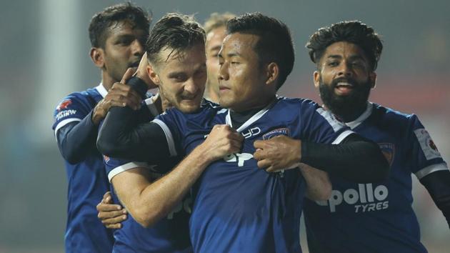 Jeje Lalpekhlua of Chennaiyin FC celebrates the winning goal of the Indian Super League match vs Jamshedpur FC at the JRD Tata Sports Complex, Jamshedpur on the 28th December.(ISL / SPORTZPICS) Jeje Lalpekhlua of Chennaiyin FC celebrates the winning goal of the Indian Super League match vs Jamshedpur FC at the JRD Tata Sports Complex, Jamshedpur on the 28th December.(ISL / SPORTZPICS)