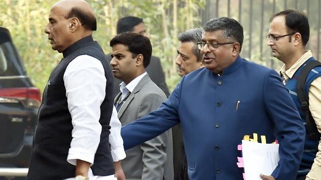 Home minister Rajnath Singh and law minister Ravi Shankar Prasad before the triple talaq bill was presented in the Lok Sabha on Thursday.(Arvind Yadav/HT Photo)