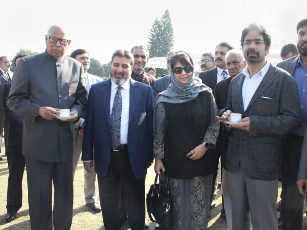 Jammu and Kashmir governor N N Vohra (left) along with chief minister Mehbooba Mufti and her brother Tassaduq Hussain Mufti after the swearing-in ceremony of the newly inducted ministers at Raj Bhavan in Jammu on Thursday. (PTI) Jammu and Kashmir governor N N Vohra (left) along with chief minister Mehbooba Mufti and her brother Tassaduq Hussain Mufti after the swearing-in ceremony of the newly inducted ministers at Raj Bhavan in Jammu on Thursday. (PTI)