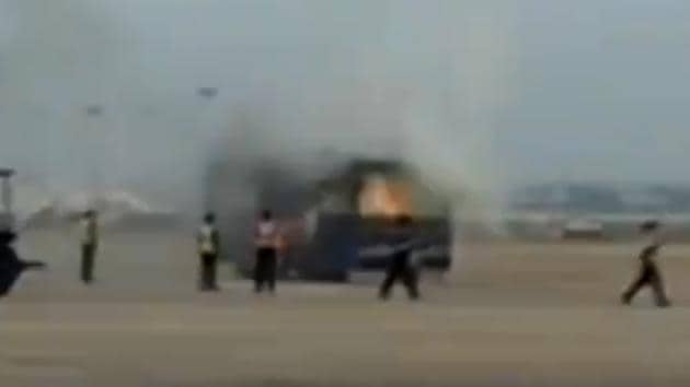 A spark in the engine resulted in the fire that was immediately put out by fire service personnel.(ANI Photo) A spark in the engine resulted in the fire that was immediately put out by fire service personnel.(ANI Photo)