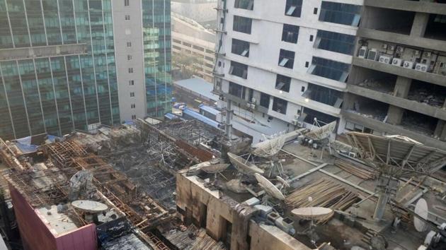 The site of the fire after it was completely doused. The building, in Central Mumbai, houses some commercial establishments including hotels. The exact cause of the fire is yet to be ascertained, said a police official. (ANSHUMAN POYREKAR/HT PHOTO)