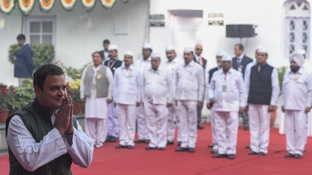 Congress President Rahul Gandhi during 133rd Foundation Day of the Indian National Congress at All India Congress Committee (AICC) headquarters, in New Delhi. (Burhaan Kinu / HT Photo)