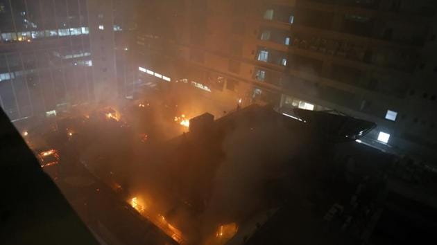 A fire at a building in Kamala Mills Compound in Mumbai’s Lower Parel. (Anshuman Poyrekar/HT Photo) A fire at a building in Kamala Mills Compound in Mumbai’s Lower Parel. (Anshuman Poyrekar/HT Photo)