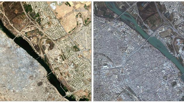 Satellite images show the Old City of Mosul on July 8, 2017 after a nine month battle to oust ISIS (L), and on November 13, 2015 (R). For nearly 4 kms along the western bank of the Tigris, hardly a single building is intact. The narrow streets of Mosul’s Old City are a crumpled landscape of broken concrete and metal. Every acre is weighed down by more than 3,000 tons of rubble, explosives and unexploded ordnance. (DigitalGlobe via AP) Satellite images show the Old City of Mosul on July 8, 2017 after a nine month battle to oust ISIS (L), and on November 13, 2015 (R). For nearly 4 kms along the western bank of the Tigris, hardly a single building is intact. The narrow streets of Mosul’s Old City are a crumpled landscape of broken concrete and metal. Every acre is weighed down by more than 3,000 tons of rubble, explosives and unexploded ordnance. (DigitalGlobe via AP)