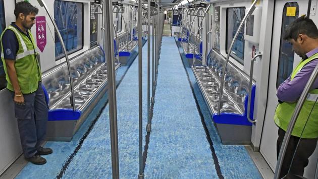 A 3D floor graphic of swimming pool is seen inside Mumbai Metro at DN Nagar Depot in Mumbai on December 28, 2017. (Shashi S Kashyap / HT Photo)