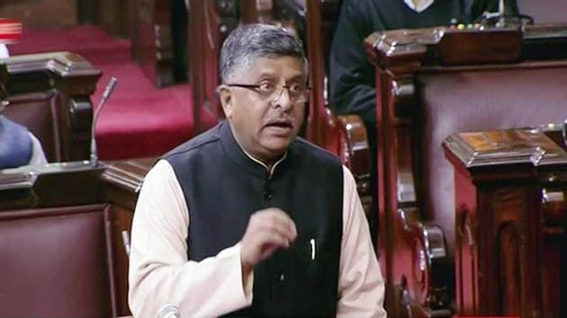 Minister for Electronics and IT Ravi Shankar Prasad speaks in the Rajya Sabha in New Delhi on Friday, during the ongoing winter session of Parliament.(PTI) Minister for Electronics and IT Ravi Shankar Prasad speaks in the Rajya Sabha in New Delhi on Friday, during the ongoing winter session of Parliament.(PTI)