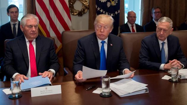 US President Donald Trump holds a cabinet meeting alongside Secretary of State Rex Tillerson (left) and Secretary of Defense Jim Mattis (right) at the White House. (AFP) US President Donald Trump holds a cabinet meeting alongside Secretary of State Rex Tillerson (left) and Secretary of Defense Jim Mattis (right) at the White House. (AFP)
