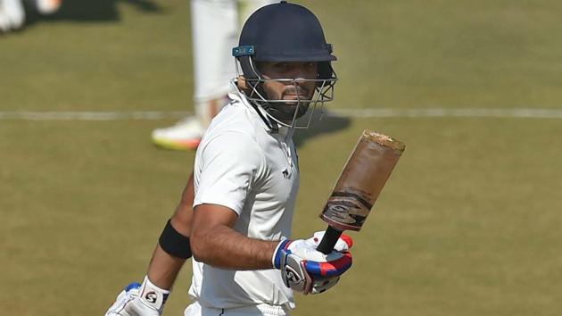 Dhruv Shorey celebrates his fifty during the Ranji Trophy final match between Delhi and Vidarbha in Indore on Friday. Follow highlights of Delhi vs Vidarbha, Ranji Trophy final here. (PTI) Dhruv Shorey celebrates his fifty during the Ranji Trophy final match between Delhi and Vidarbha in Indore on Friday. Follow highlights of Delhi vs Vidarbha, Ranji Trophy final here. (PTI)