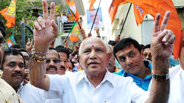 Karnataka BJP BS Yeddyurappa flashes victory sign along with the party members to celebrate the party's victory in Gujarat and Himachal Pradesh Assembly elections, in Bengaluru on December 18, 2017. (PTI) Karnataka BJP BS Yeddyurappa flashes victory sign along with the party members to celebrate the party's victory in Gujarat and Himachal Pradesh Assembly elections, in Bengaluru on December 18, 2017. (PTI)