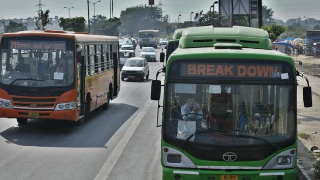 New Delhi, India - Oct. 13, 2014 Break down DTC green buses seen in roadside in New Delhi, India, on Monday, October 13, 2014. (Photo by Raj K Raj/ Hindustan Times) to go with DTC series (Hindustan Times) New Delhi, India - Oct. 13, 2014 Break down DTC green buses seen in roadside in New Delhi, India, on Monday, October 13, 2014. (Photo by Raj K Raj/ Hindustan Times) to go with DTC series (Hindustan Times)