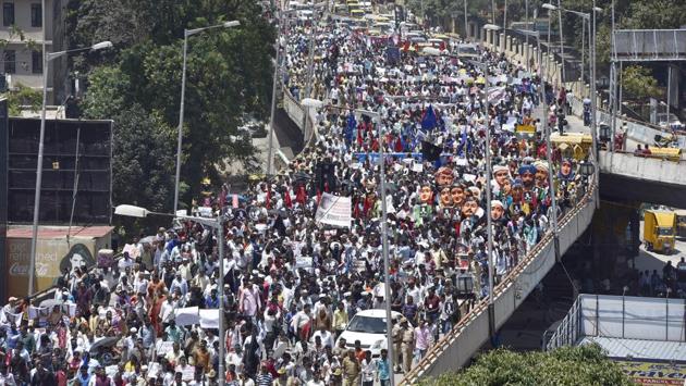 In a year that has seen press freedom being the most compromised in India, journalist Gauri Lankesh’s cold-blooded murder had Bengaluru citizens come together to protest in solidarity on September 12.  (Arijit Sen / HT Photo) 