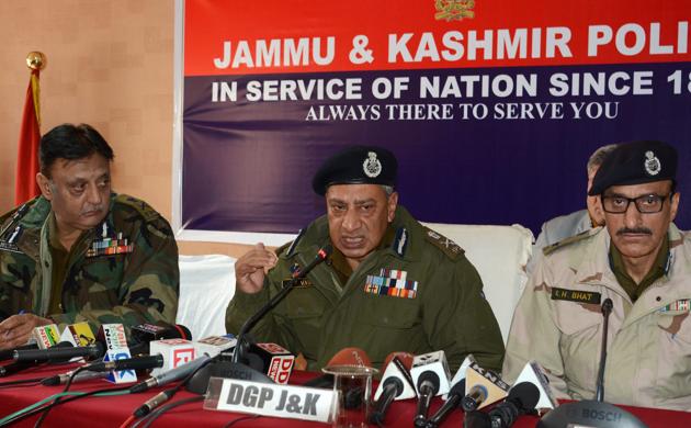 Jammu and Kashmir director general of police S P Vaid along with inspector general of police Munir Khan addressing a press conference in Srinagar on Sunday. (PTI) Jammu and Kashmir director general of police S P Vaid along with inspector general of police Munir Khan addressing a press conference in Srinagar on Sunday. (PTI)