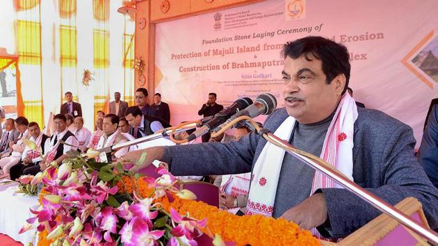 Union minister Nitin Gadkari addresses the audience at an event of Brahmaputra Board Complex, in Majuli. (PTI FILE) Union minister Nitin Gadkari addresses the audience at an event of Brahmaputra Board Complex, in Majuli. (PTI FILE)