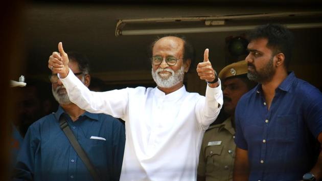 Movie superstar Rajinikanth gives a thumbs up sign to his fans after announcement to launch his own political party, in Chennai, on Sunday. (AP) Movie superstar Rajinikanth gives a thumbs up sign to his fans after announcement to launch his own political party, in Chennai, on Sunday. (AP)