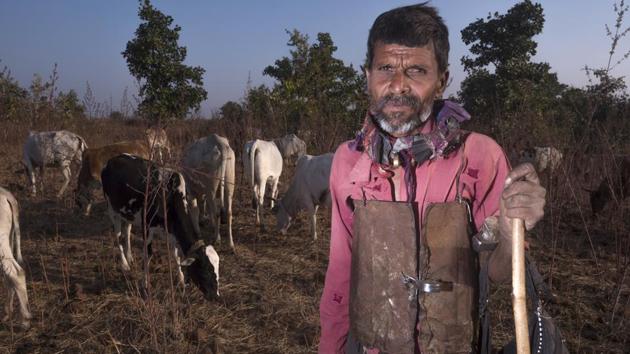 Shankar Atram, a cowherd, has made himself some armour out of waste metal. ‘I did this last month, after I saw a tiger in the forest,’ he says. ‘They usually go for the neck or back. I have done the best I can to save myself.’(Pratik Chorge / HT Photo)