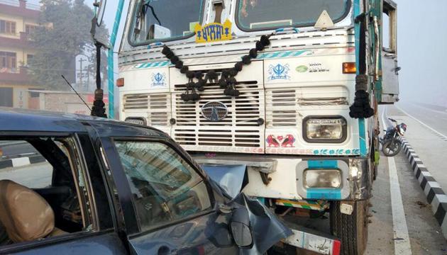 A car collided with a truck near the district administrative complex in Tarn Taran on Monday morning. (HT Photo) A car collided with a truck near the district administrative complex in Tarn Taran on Monday morning. (HT Photo)