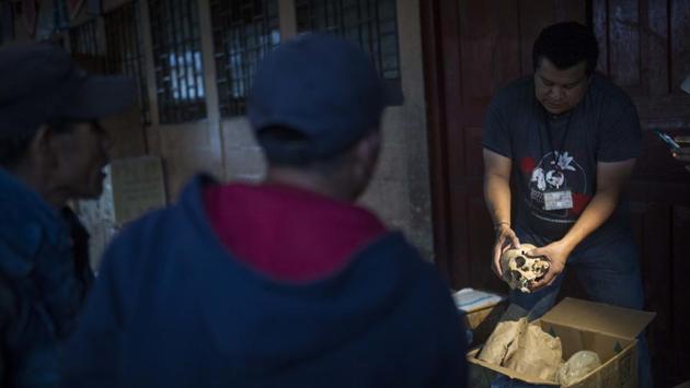 Forensic anthropologist Dany Guzman holds a skull exhumed from a mass grave. According to him, in Santa Avelina the vast majority of the bodies presented no sign of violent injuries, indicating the victims perished from illness, malnutrition and other causes. (Luis Soto / AP)