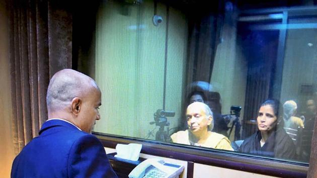 Former Indian Navy officer Kulbhushan Jadhav's wife and mother meet him while seated across a glass partition at the Pakistan Foreign Office in Islamabad on December 25. (PTI file) Former Indian Navy officer Kulbhushan Jadhav's wife and mother meet him while seated across a glass partition at the Pakistan Foreign Office in Islamabad on December 25. (PTI file)