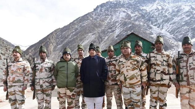 Union home minister Rajnath Singh with officers and jawans of Indo-Tibetan Border Police, at Nelong Border Out-Post, in Uttarkashi on Monday. (PTI) Union home minister Rajnath Singh with officers and jawans of Indo-Tibetan Border Police, at Nelong Border Out-Post, in Uttarkashi on Monday. (PTI)
