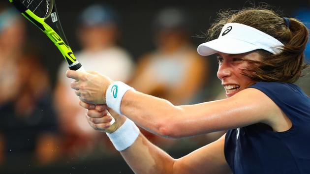 Johanna Konta of Britain hits a return against Madison Keys of the US during their first round women's singles match at the Brisbane International tennis tournament at the Pat Rafter Arena in Brisbane on Monday. (AFP) Johanna Konta of Britain hits a return against Madison Keys of the US during their first round women's singles match at the Brisbane International tennis tournament at the Pat Rafter Arena in Brisbane on Monday. (AFP)