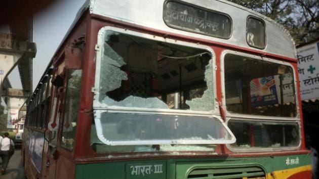 Violent protests erupted in several parts of Mumbai with protestors damaging a BEST bus, blocking roads and holding a rail roko on Tuesday, a day after a 28-year-old Dalit died in Pune district following the bicentenary of a British-era war. (Vijayanand Gupta / HT Photo) Violent protests erupted in several parts of Mumbai with protestors damaging a BEST bus, blocking roads and holding a rail roko on Tuesday, a day after a 28-year-old Dalit died in Pune district following the bicentenary of a British-era war. (Vijayanand Gupta / HT Photo)