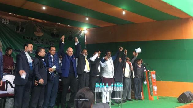 Four Meghalaya MLAs, including one from Congress, joined BJP in the presence of Union minister KJ Alphons and senior party leaders Ram Madhav and Nalin Kohli. (ANI Photo) Four Meghalaya MLAs, including one from Congress, joined BJP in the presence of Union minister KJ Alphons and senior party leaders Ram Madhav and Nalin Kohli. (ANI Photo)