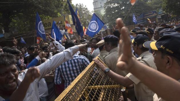 The celebrations gathered momentum in 1927 after BR Ambedkar visited the spot and called the Bhima Koregaon battle a war against caste. Historians are divided on the subject. But this year, the celebrations have been controversial with several right wing groups, such as the Akhil Bharatiya Brahmin Mahasangh, calling the event anti-national. (Satish Bate / HT Photo) The celebrations gathered momentum in 1927 after BR Ambedkar visited the spot and called the Bhima Koregaon battle a war against caste. Historians are divided on the subject. But this year, the celebrations have been controversial with several right wing groups, such as the Akhil Bharatiya Brahmin Mahasangh, calling the event anti-national. (Satish Bate / HT Photo)