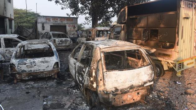 Torched and vandalized vehicles at Bhima Koregaon, Pune. The protests also took a political colour with Nationalist Congress Party chief Sharad Pawar blaming the government for not preventing Monday’s violence. (Pratham Gokhale / HT Photo) Torched and vandalized vehicles at Bhima Koregaon, Pune. The protests also took a political colour with Nationalist Congress Party chief Sharad Pawar blaming the government for not preventing Monday’s violence. (Pratham Gokhale / HT Photo)
