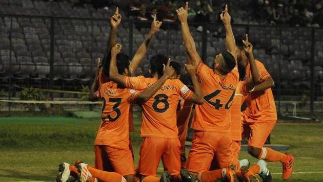 Chennai City FC players celebrate their first goal against Mohun Bagan during the I-League match in Kolkata on Tuesday. (Samir Jana/HT Photo) Chennai City FC players celebrate their first goal against Mohun Bagan during the I-League match in Kolkata on Tuesday. (Samir Jana/HT Photo)
