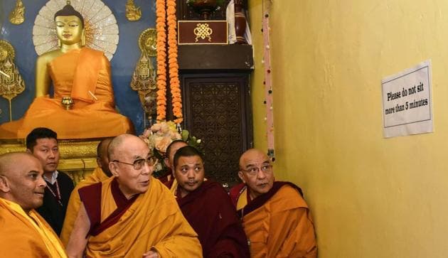 Tibetan spiritual leader Dalai Lama at the Mahabodhi Temple in Bodh Gaya on January 2, 2018.(AFP)