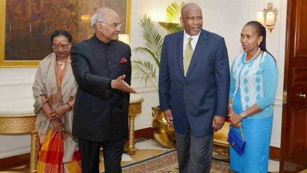 King Letsie III, King of Lesotho and Queen Masenate Mohato Seeiso call on the President Ram Nath Kovind and First Lady Savita Kovind, at Rashtrapati Bhavan in New Delhi on Tuesday. (PTI Photo) King Letsie III, King of Lesotho and Queen Masenate Mohato Seeiso call on the President Ram Nath Kovind and First Lady Savita Kovind, at Rashtrapati Bhavan in New Delhi on Tuesday. (PTI Photo)
