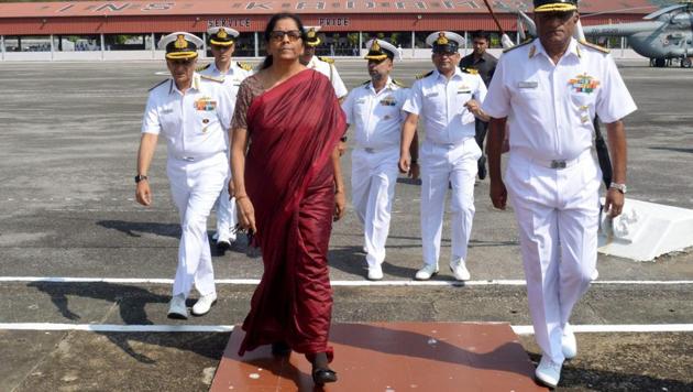 Union defence minister Nirmala Sitharaman during her visit to the Karwar Naval Base in Karnataka.(PTI FILE)
