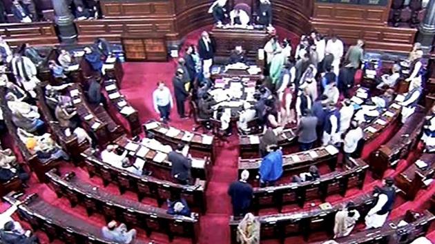 Opposition members protest inside the Rajya Sabha in New Delhi during the ongoing winter session on December 27, 2017. (PTI File Photo) Opposition members protest inside the Rajya Sabha in New Delhi during the ongoing winter session on December 27, 2017. (PTI File Photo)