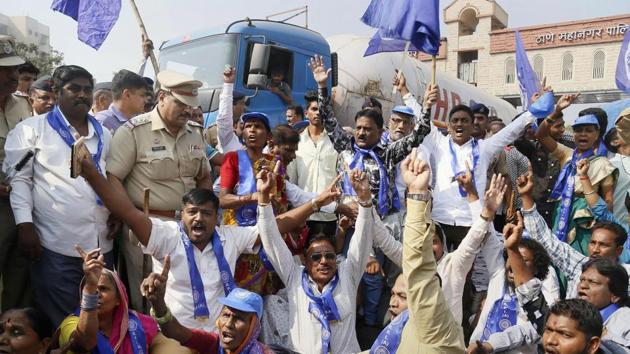 Supporters of the Republican Party of India RPI, a Dalit rights group, protest in Thane following clashes between Dalit and Maratha groups in Pune district on Tuesday. (PTI Photo) Supporters of the Republican Party of India RPI, a Dalit rights group, protest in Thane following clashes between Dalit and Maratha groups in Pune district on Tuesday. (PTI Photo)