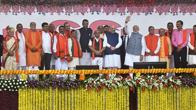 Prime Minister Narendra Modi, BJP President Amit Shah along with CM Vijay Rupani and other ministers during the swearing-in ceremony at Gandhinagar. (PTI File Photo) Prime Minister Narendra Modi, BJP President Amit Shah along with CM Vijay Rupani and other ministers during the swearing-in ceremony at Gandhinagar. (PTI File Photo)