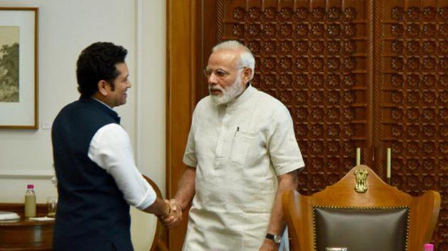 A file photo of Rajya Sabha member Sachin Tendulkar meeting Prime Minister Narendra Modi.(@sachin_rt)