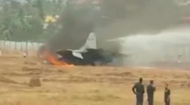 Fire on the MiG-29K aircraft being extinguished at Goa’s Dabolim airport on Wednesday. (ANI Twitter) Fire on the MiG-29K aircraft being extinguished at Goa’s Dabolim airport on Wednesday. (ANI Twitter)